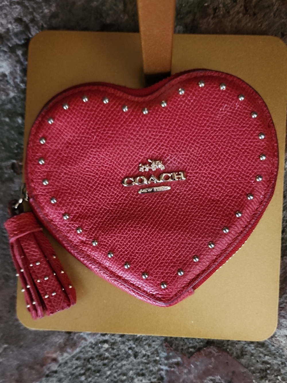 Coach Red Heart Coin Card Pouch Studded Leather Tassel Zip Y2K Valentine Cute